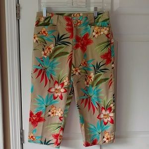 Khaki capris with tropical flowers